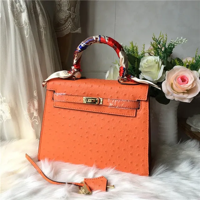 2019 new genuine leather luxury design handbag Keyy ostrich grain cowhide women's bag Original leather shoulder diagonal package