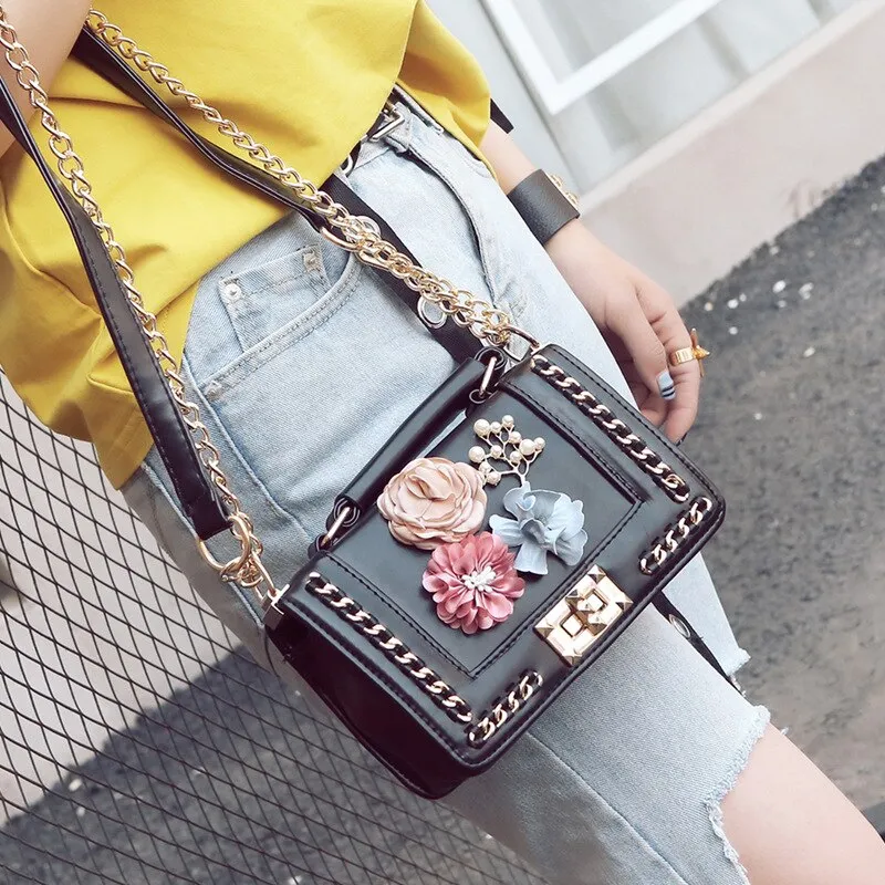 Amberler Fashion PU Leather Small Handbags Women Bags High Quality Ladies Shoulder Bag With Flower Casual Female Meseenger Bags