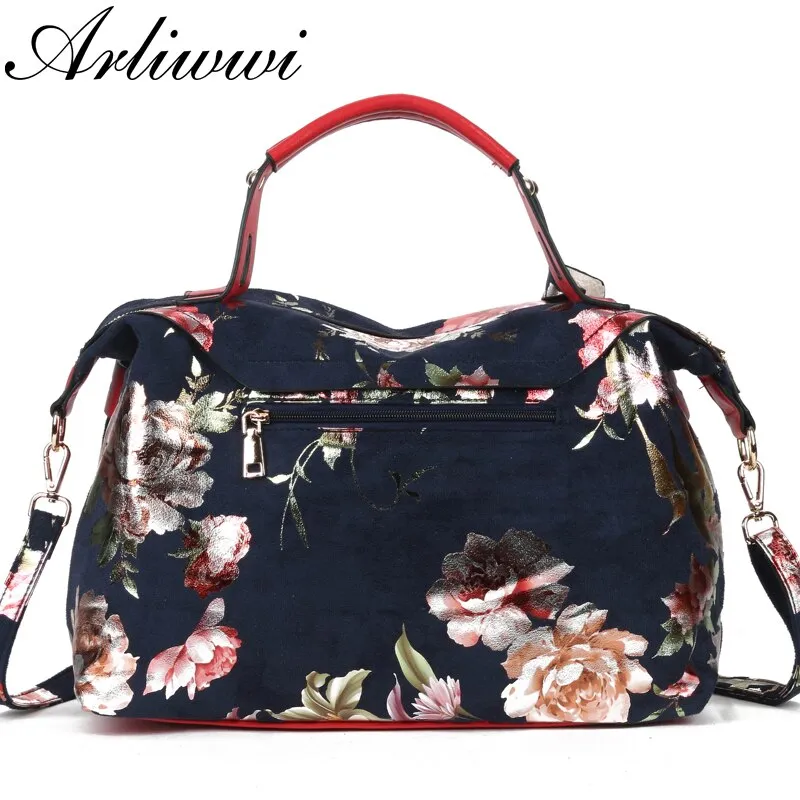 Arliwwi New Female Women Elegant Tote Handbags Synthetic Leather Flowers Shiny Large Cross Body Floral Bags For Lady PY05
