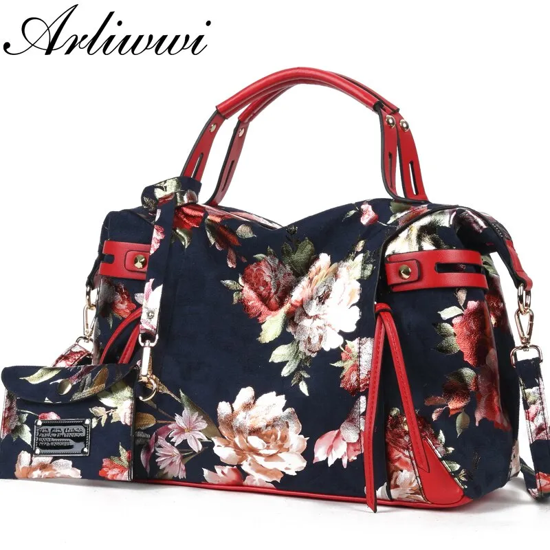 Arliwwi New Female Women Elegant Tote Handbags Synthetic Leather Flowers Shiny Large Cross Body Floral Bags For Lady PY05