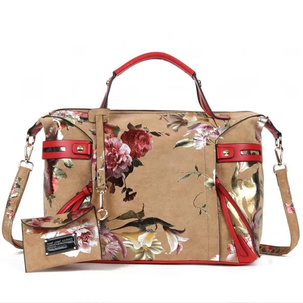 Arliwwi New Female Women Elegant Tote Handbags Synthetic Leather Flowers Shiny Large Cross Body Floral Bags For Lady PY05