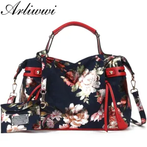 Arliwwi New Female Women Elegant Tote Handbags Synthetic Leather Flowers Shiny Large Cross Body Floral Bags For Lady PY05