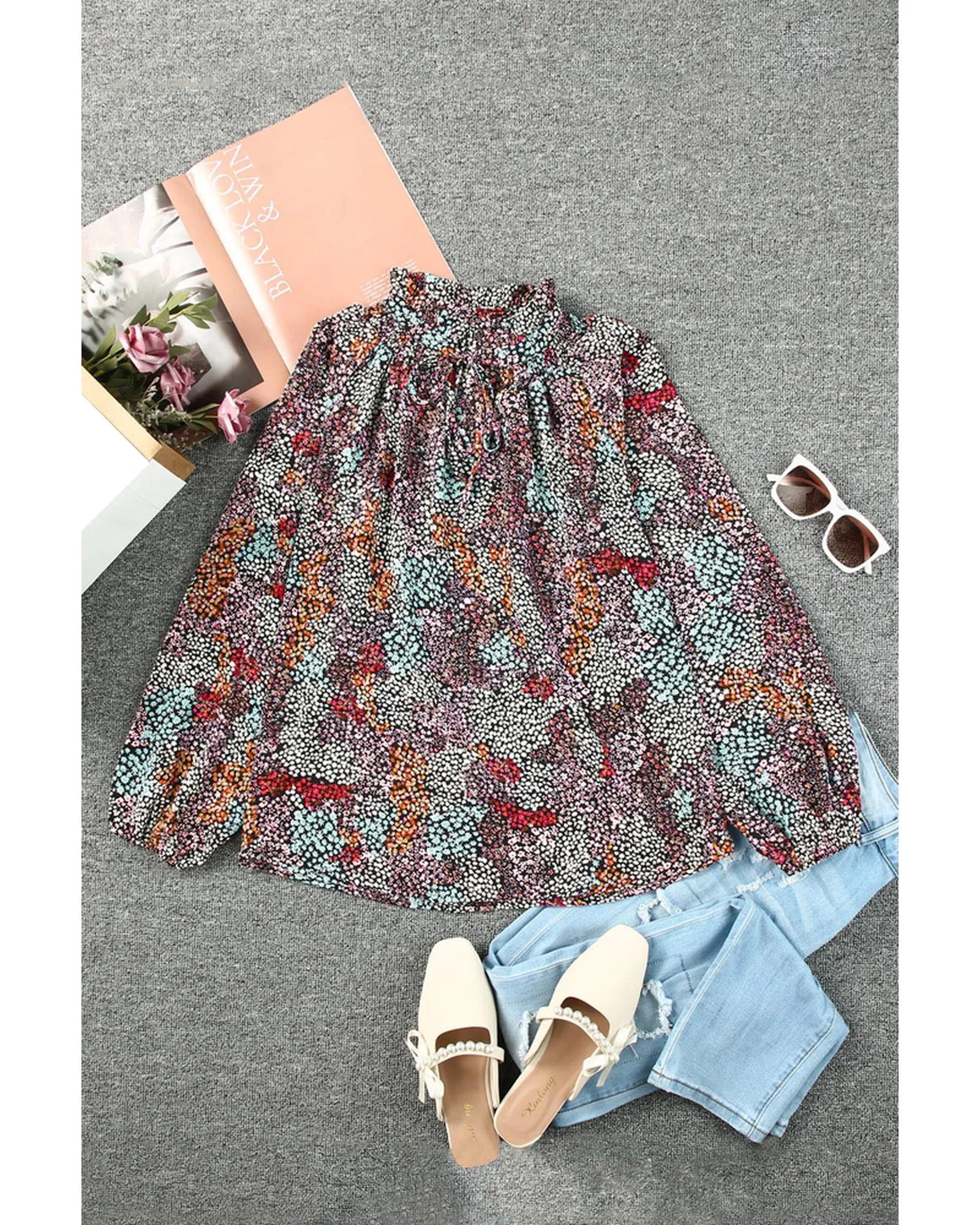 Azura Exchange Vibrant Floral Tie V Neck Puff Sleeve Blouse - L