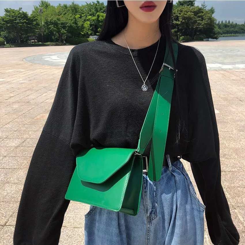 Back to College PU Leather Women' Shoulder Bags Wide Shoulder Strap Flap Shopper Bag Casual Retro Black Khaki Green Ladies Messenger Bags ZD1639