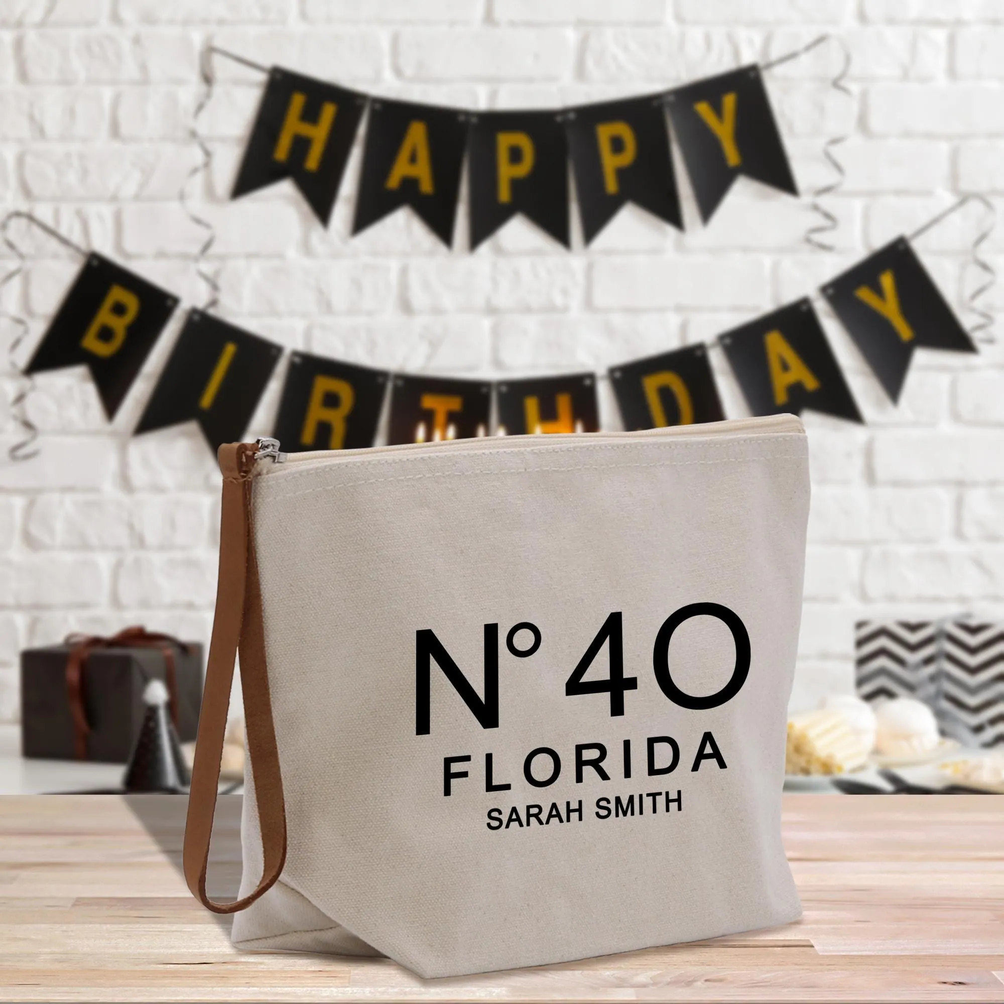 Birthday Celebration Personalized Gift Makeup Cosmetic Pouch Bag Number Name and State 40th 50th for Her Custom Birthday Gift (BDT1033)