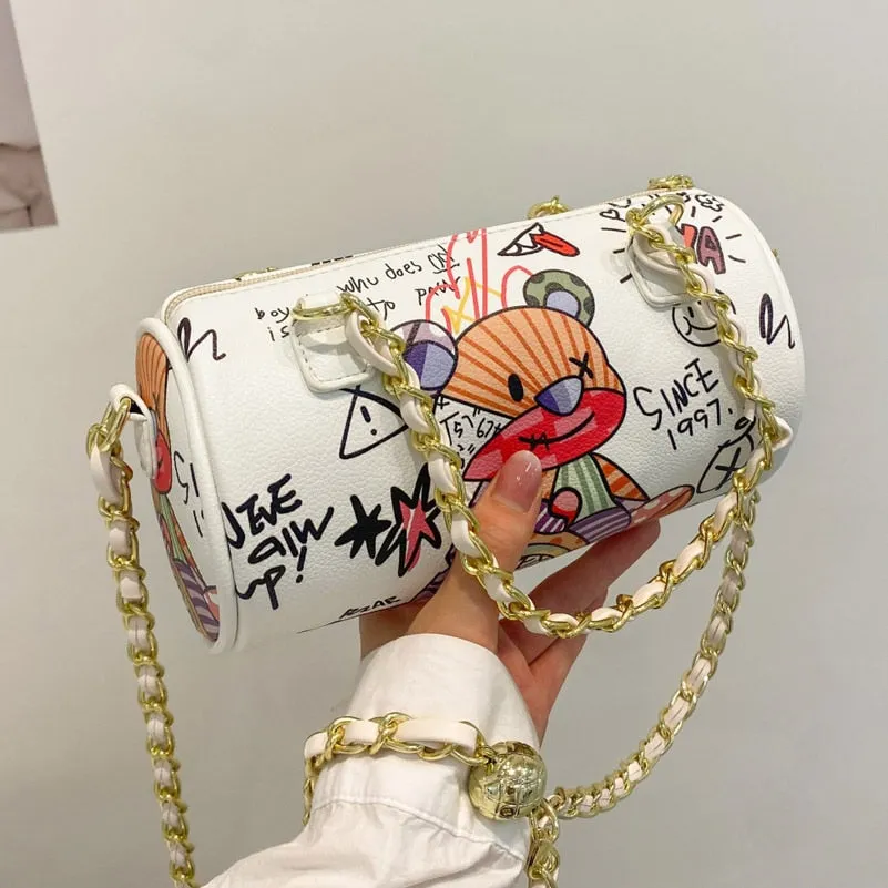 Cartoons Graffiti Cylindrical Pu Leather Zipper Crossbody Bags For Women 2021 Fashion Chain Shoulder Handbags And Purses Lady