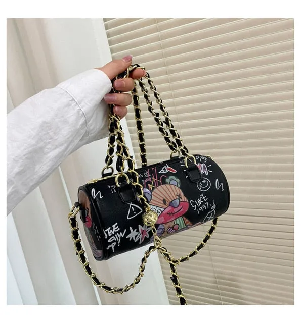 Cartoons Graffiti Cylindrical Pu Leather Zipper Crossbody Bags For Women 2021 Fashion Chain Shoulder Handbags And Purses Lady