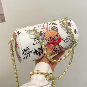 Cartoons Graffiti Cylindrical Pu Leather Zipper Crossbody Bags For Women 2021 Fashion Chain Shoulder Handbags And Purses Lady