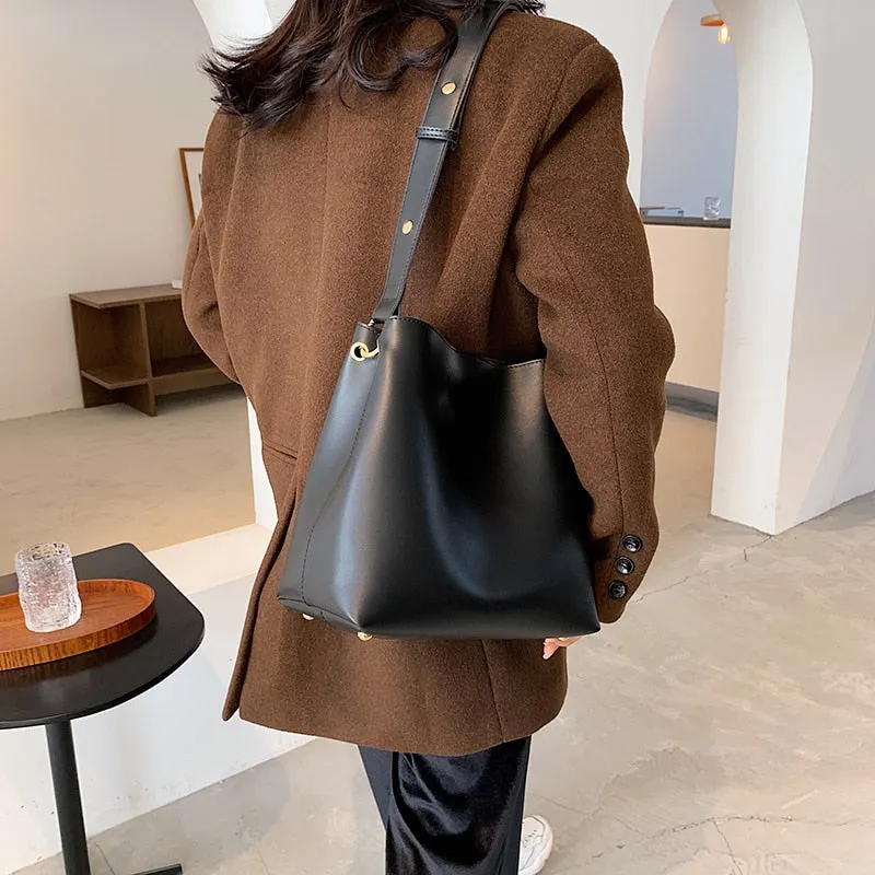 Christmas Gift Fashion Designer Pu Leather Female Handbags Large Capacity Casual Ladies Tote Female Black Bucket Women Shoulder Hand Bag