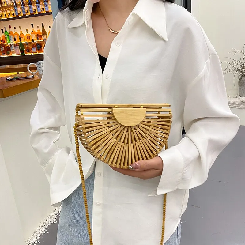 Christmas Gift Semicircle Bamboo Small Crossbody Shoulder Bags With Handle For Women 2021 Summer Branded Luxury Beach Handbags