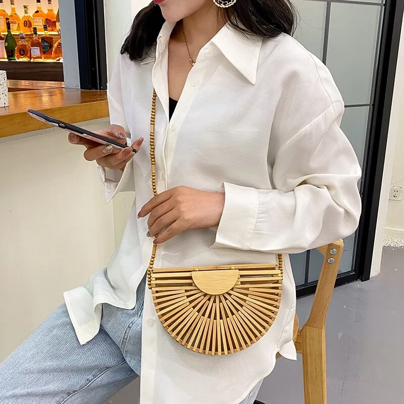 Christmas Gift Semicircle Bamboo Small Crossbody Shoulder Bags With Handle For Women 2021 Summer Branded Luxury Beach Handbags