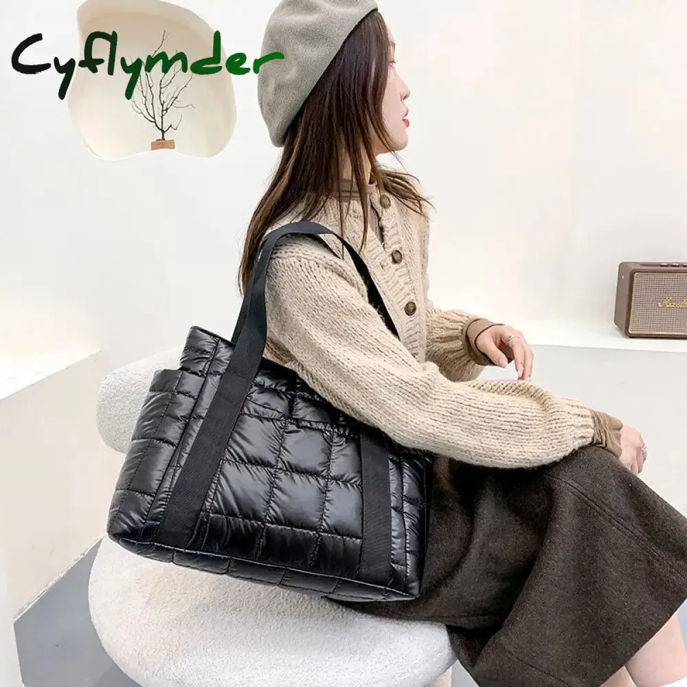 Cyflymder Hit Winter Brand Down Padded Ladies Shoulder Bags Design Big Duffel Bag For Women High Quality Nylon Totes Shopper Handbags