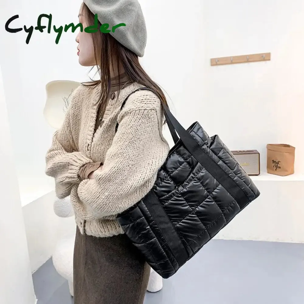 Cyflymder Hit Winter Brand Down Padded Ladies Shoulder Bags Design Big Duffel Bag For Women High Quality Nylon Totes Shopper Handbags
