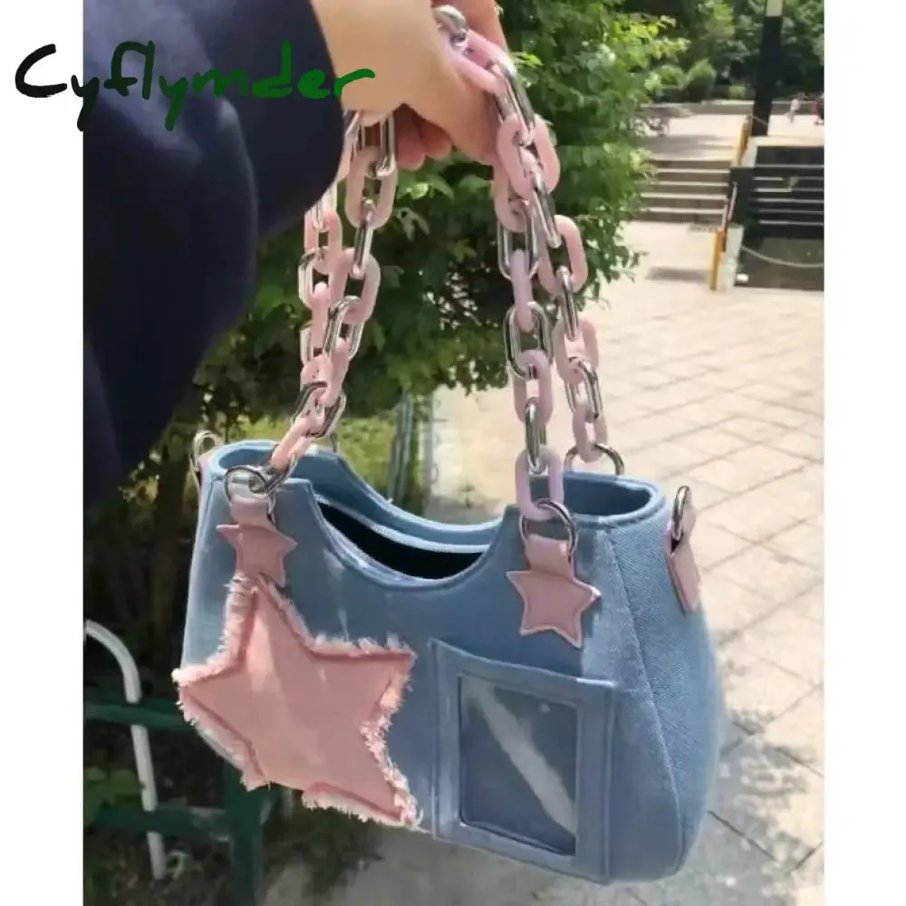 Cyflymder New Y2K Spice Girl Tote Denim Bag Fashion Cool Dark Shoulder Crossbody Bag Chain Ladies Bags Zip Purses Bagutte Handbags Women