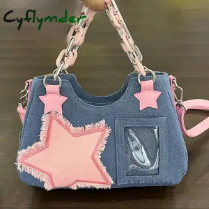 Cyflymder New Y2K Spice Girl Tote Denim Bag Fashion Cool Dark Shoulder Crossbody Bag Chain Ladies Bags Zip Purses Bagutte Handbags Women