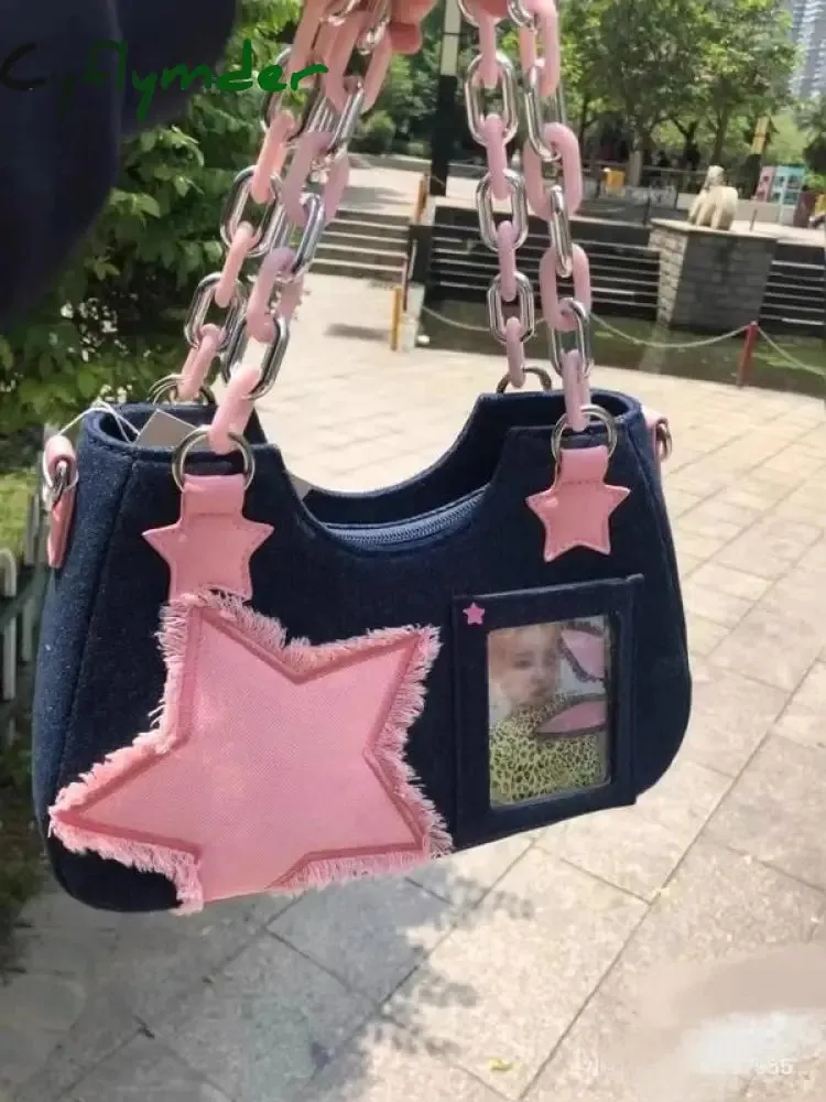 Cyflymder New Y2K Spice Girl Tote Denim Bag Fashion Cool Dark Shoulder Crossbody Bag Chain Ladies Bags Zip Purses Bagutte Handbags Women
