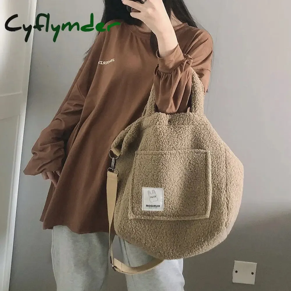 Cyflymder Winter Portable Shoulder Bag Plush Handbags Fashion Women Large Capacity Street Totes Popular Simple Female Daily Shop Bag
