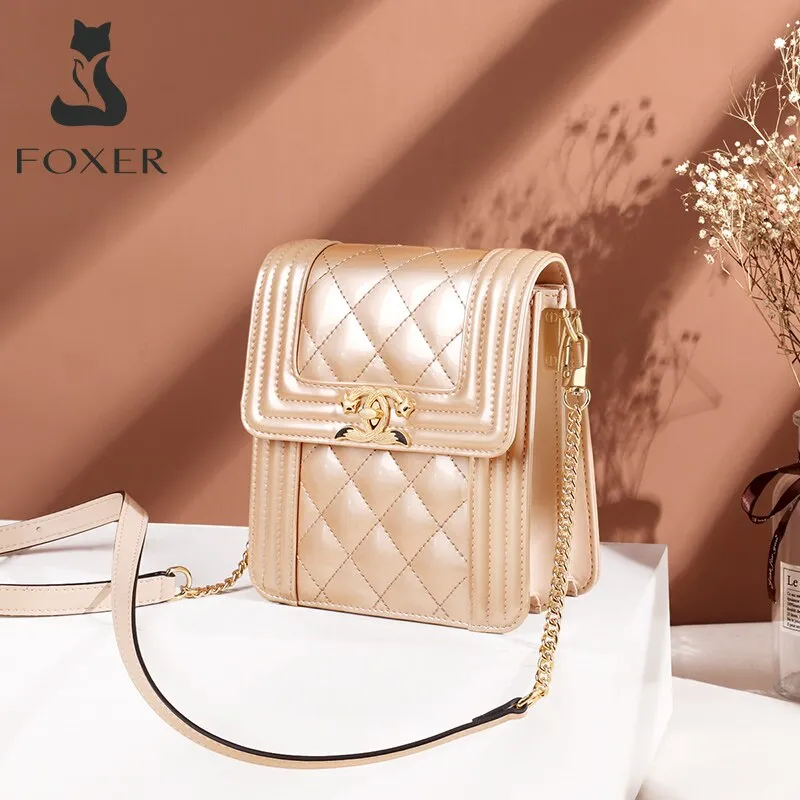 FOXER Stylish Female Phone Bags Mini Flip Totes Girl's Cow Leather Shoulder Bag Ladies Crtossbody Bags Chic Women Purse