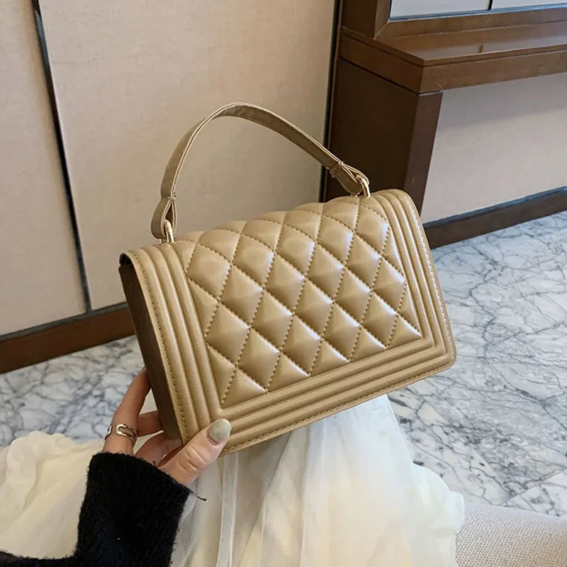 High Quality Grid Pu Leather Shoulder Bag Women Designer Pure Color Female Bag Winter Fashion Crosssbody Bag