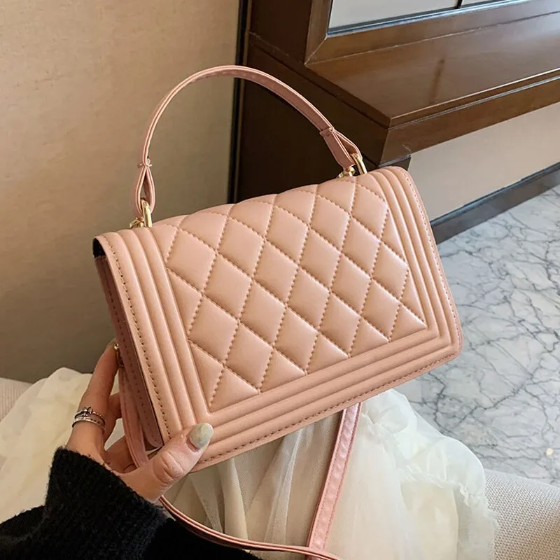 High Quality Grid Pu Leather Shoulder Bag Women Designer Pure Color Female Bag Winter Fashion Crosssbody Bag