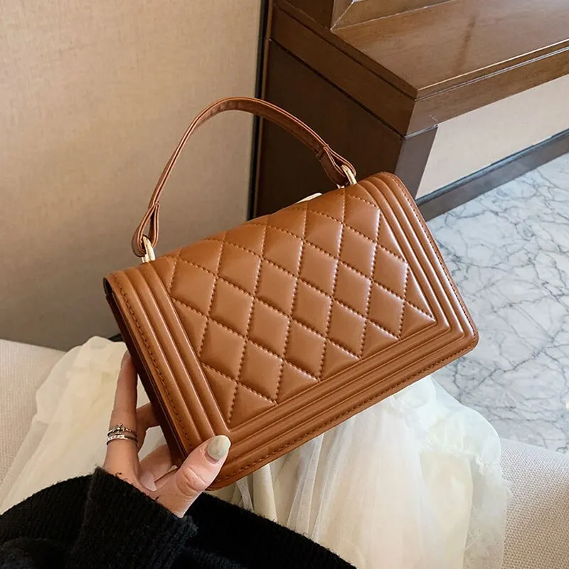 High Quality Grid Pu Leather Shoulder Bag Women Designer Pure Color Female Bag Winter Fashion Crosssbody Bag