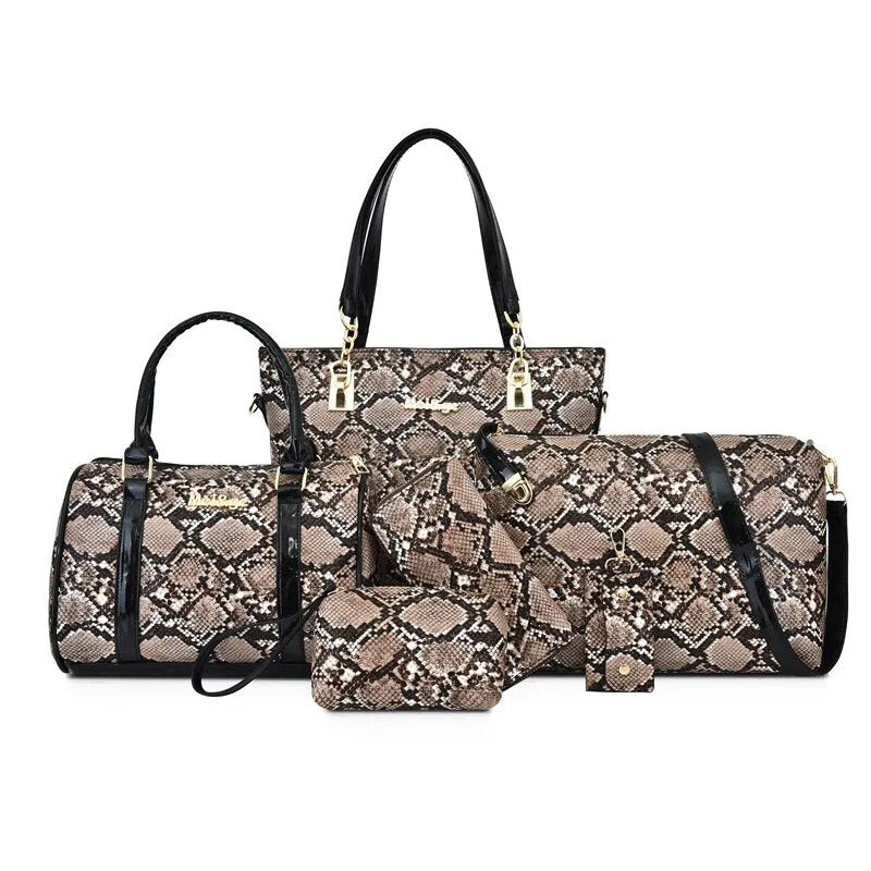 High Quality Women Pu Leather Handbags Large Capacity 6 Pieces Set Serpentine Shoulder Tote Bags Casual Female Messenger Bags