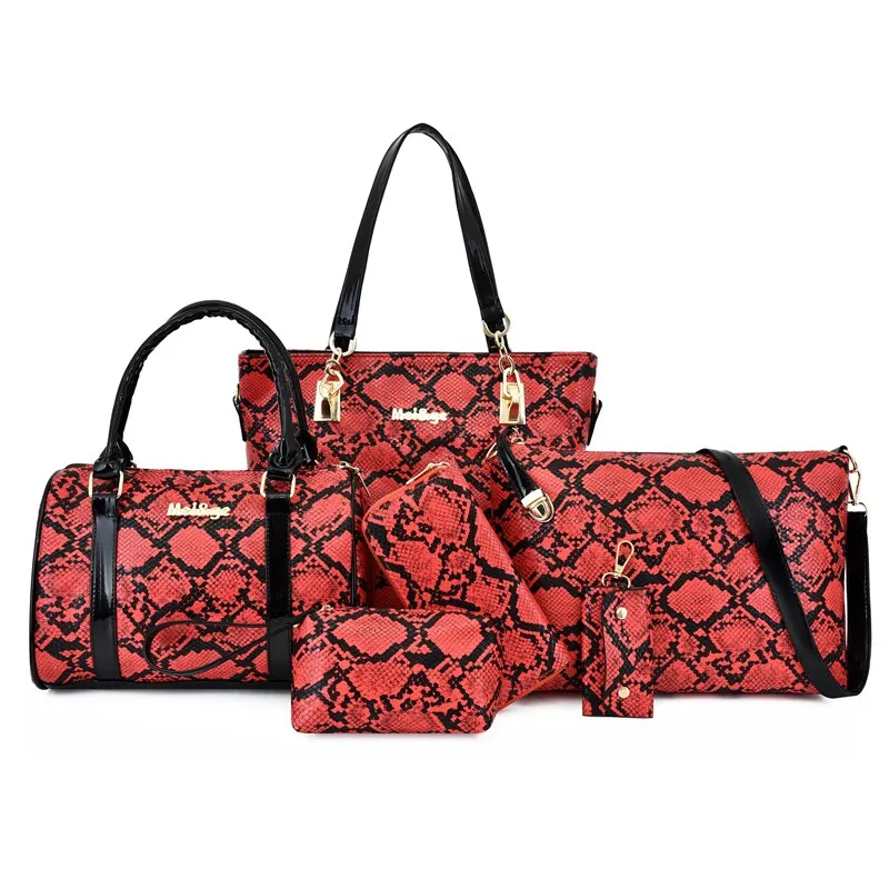 High Quality Women Pu Leather Handbags Large Capacity 6 Pieces Set Serpentine Shoulder Tote Bags Casual Female Messenger Bags