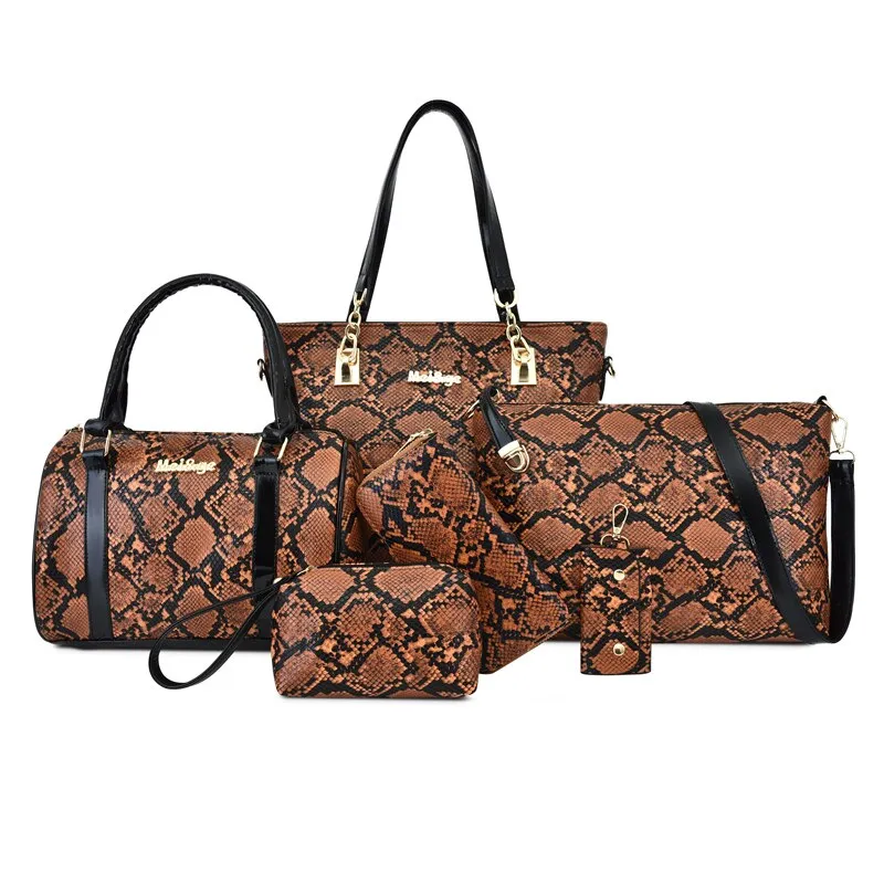 High Quality Women Pu Leather Handbags Large Capacity 6 Pieces Set Serpentine Shoulder Tote Bags Casual Female Messenger Bags