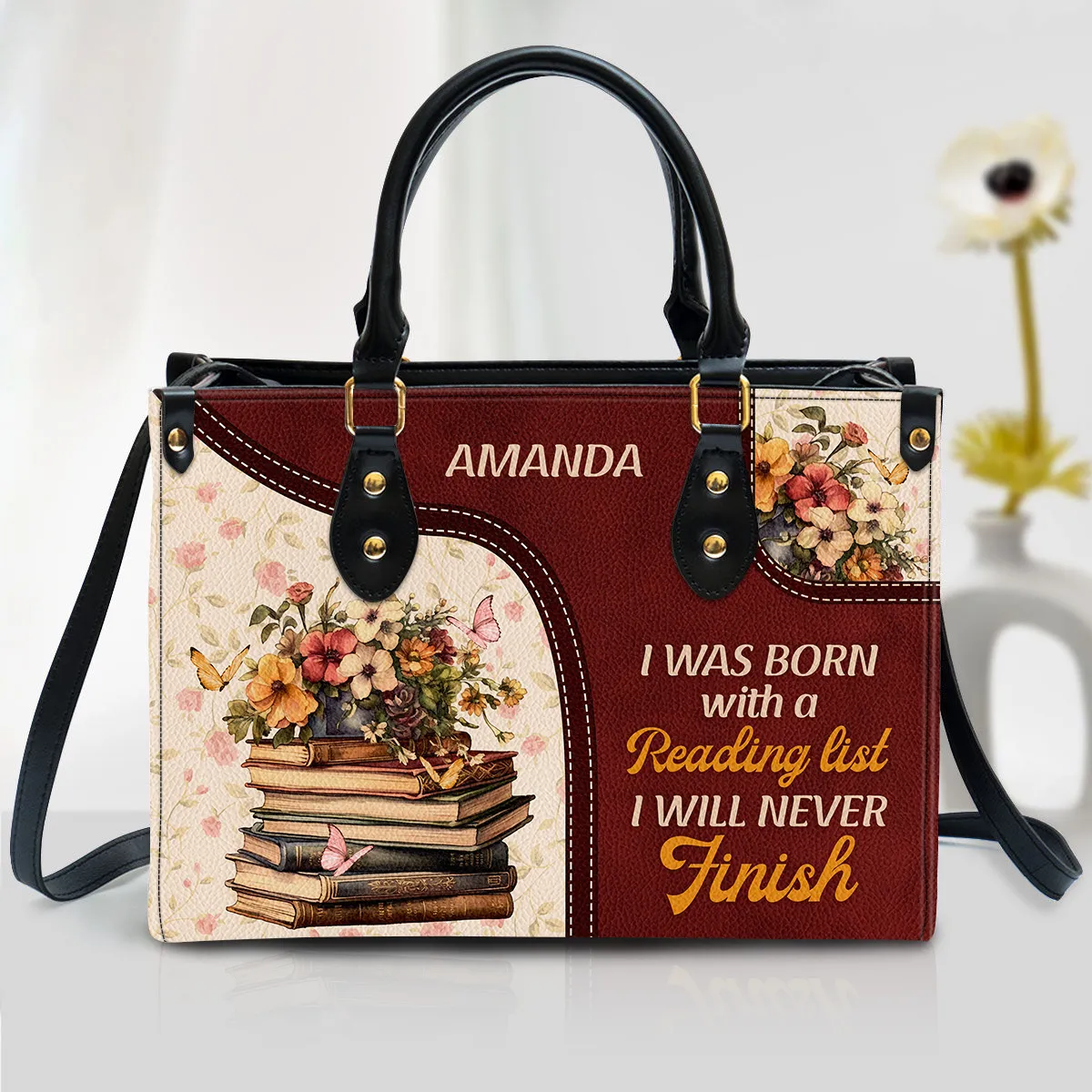 I Was Born With A Reading List Leather Handbag Book Lovers Gift LHB77