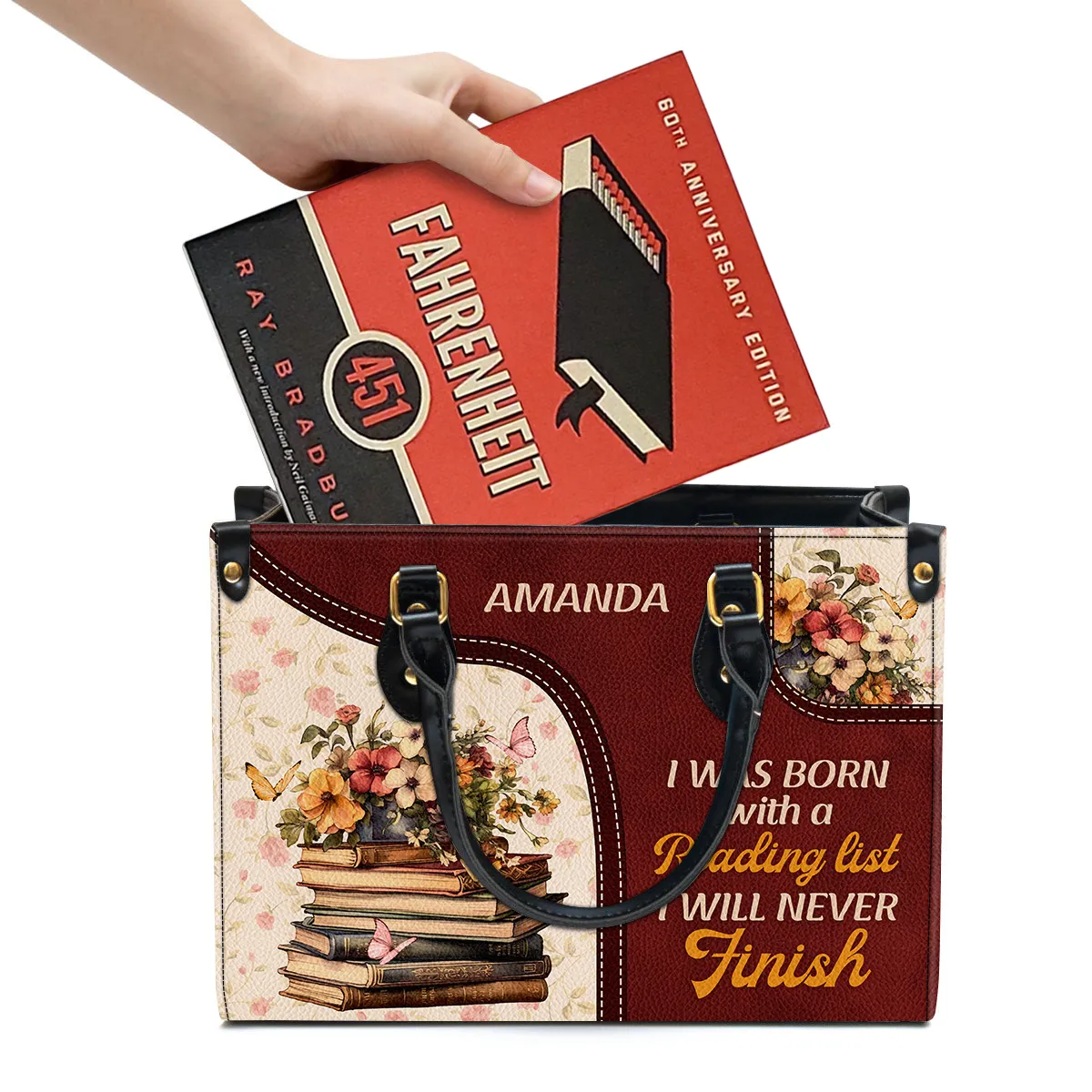 I Was Born With A Reading List Leather Handbag Book Lovers Gift LHB77