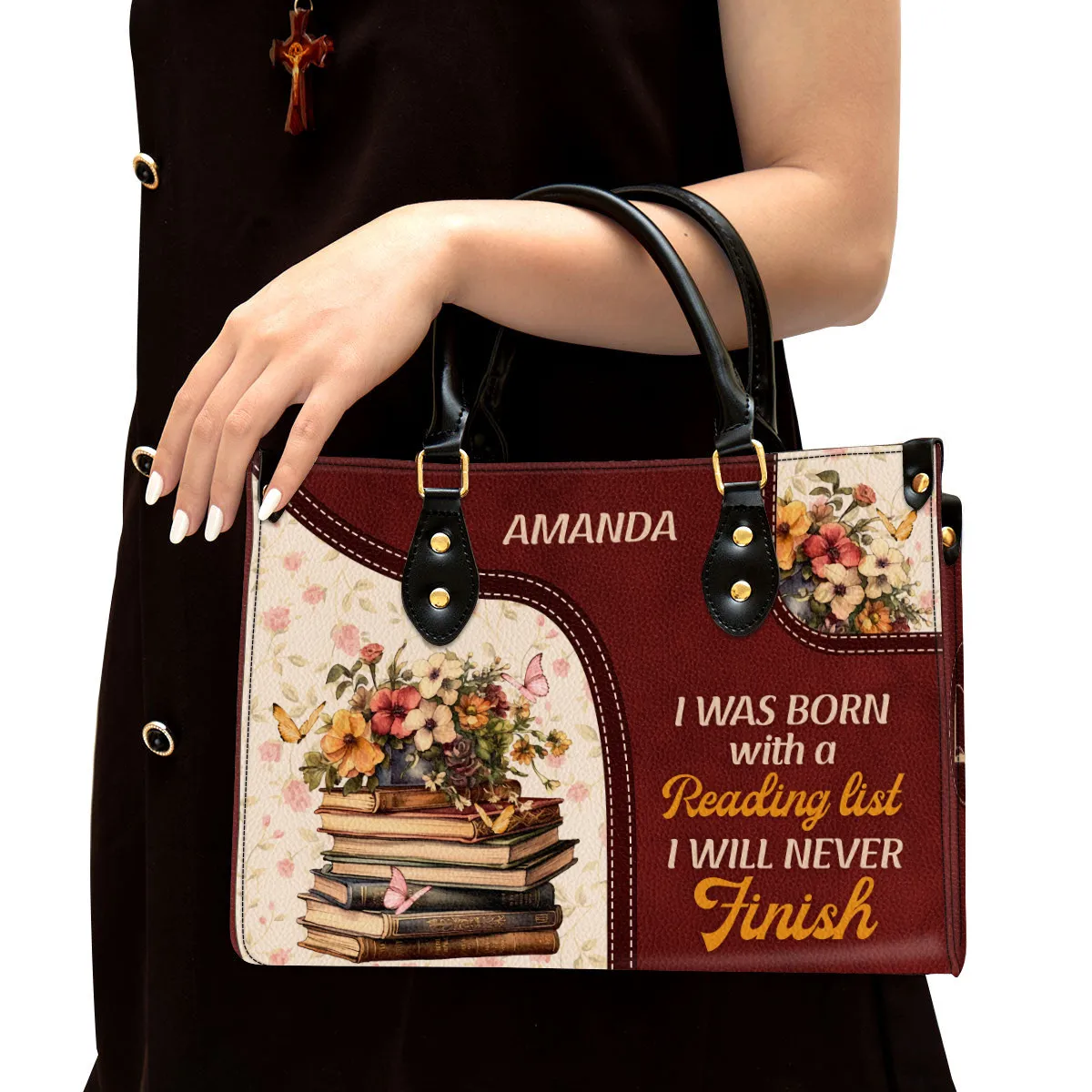 I Was Born With A Reading List Leather Handbag Book Lovers Gift LHB77