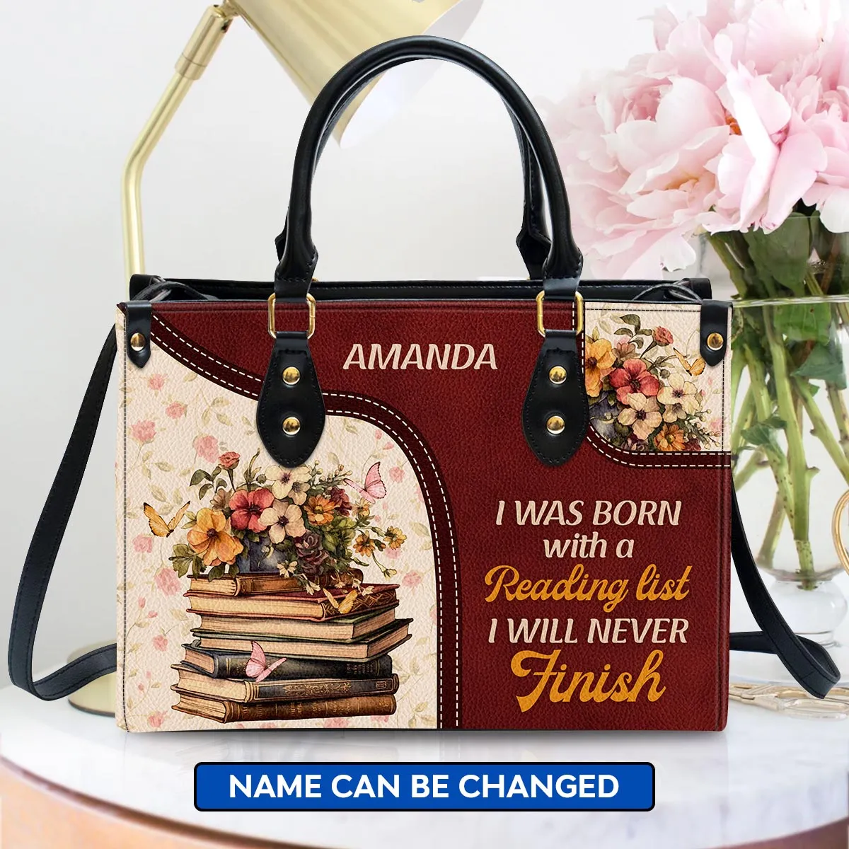 I Was Born With A Reading List Leather Handbag Book Lovers Gift LHB77