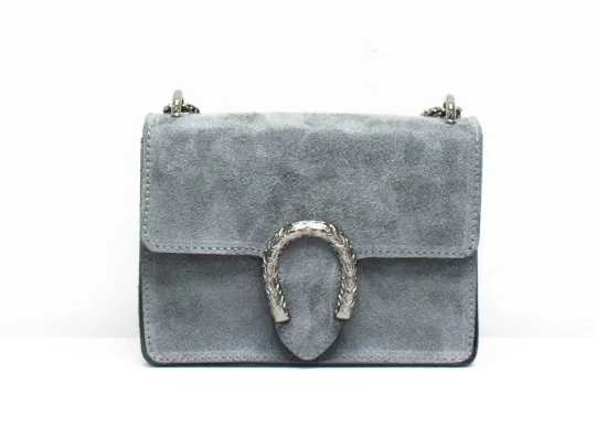 Italian Designer Soft Suede Leather Crossbody Bag with Horseshoe -Swolit Camilla Dark Grey CLEARANCE