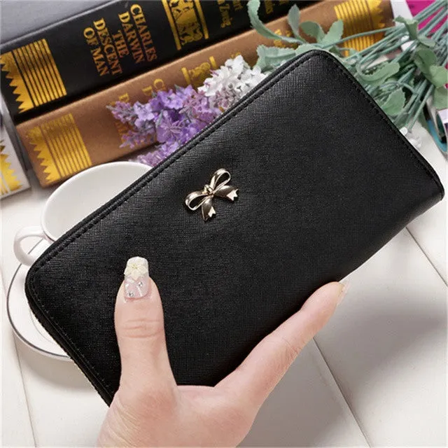 Korea Fashion Women's 3D Bow Knot Decoration Long Wallet Female Portable Leather Tote Purse