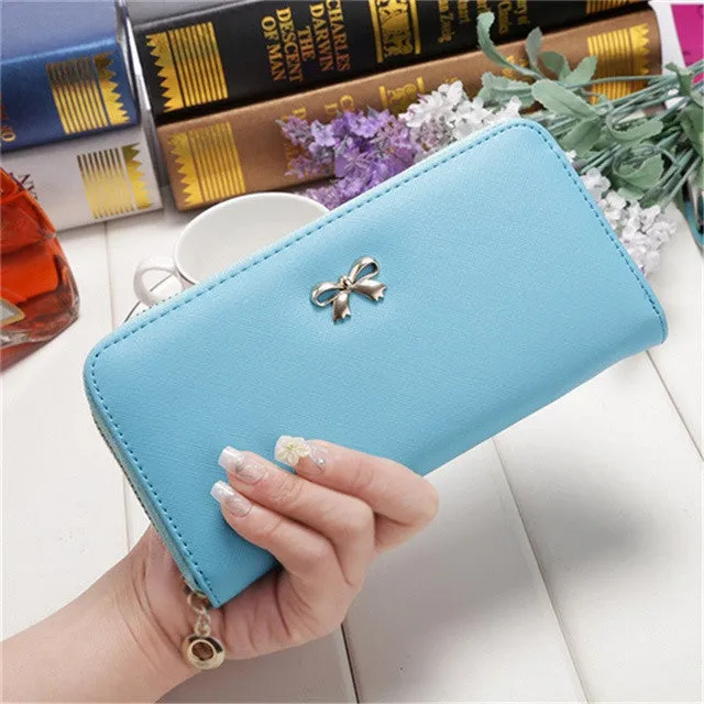 Korea Fashion Women's 3D Bow Knot Decoration Long Wallet Female Portable Leather Tote Purse