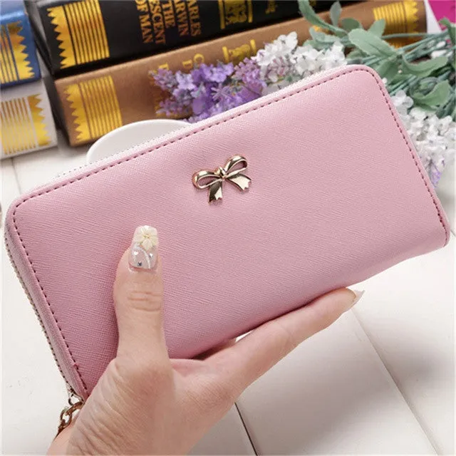 Korea Fashion Women's 3D Bow Knot Decoration Long Wallet Female Portable Leather Tote Purse
