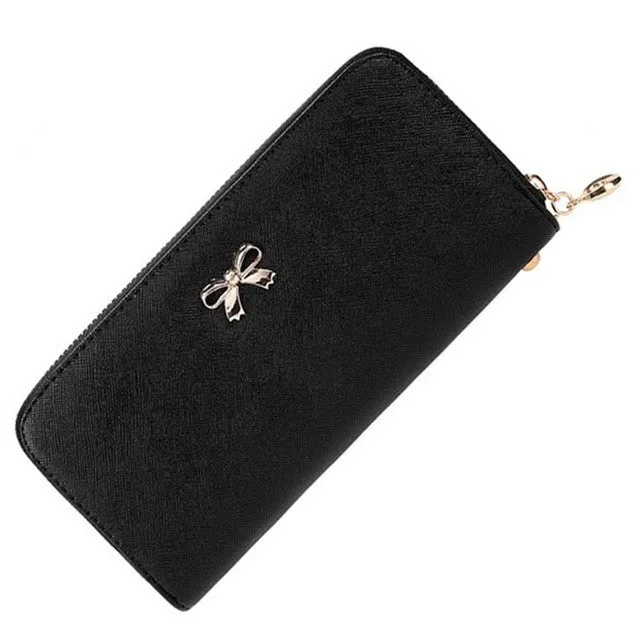 Korea Fashion Women's 3D Bow Knot Decoration Long Wallet Female Portable Leather Tote Purse