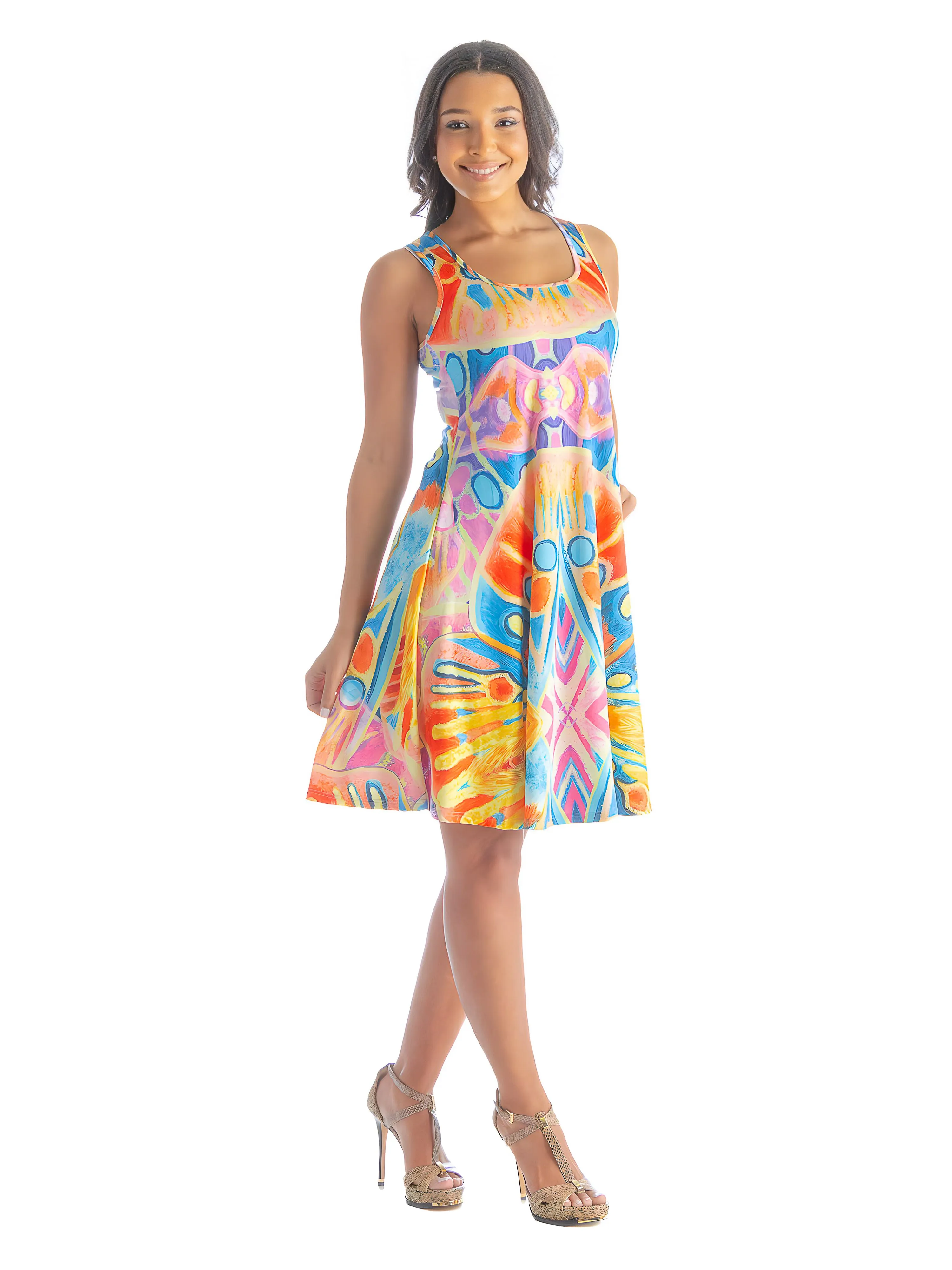 Multicolor Print Womens Sleeveless Knee Length Tank Swing Dress