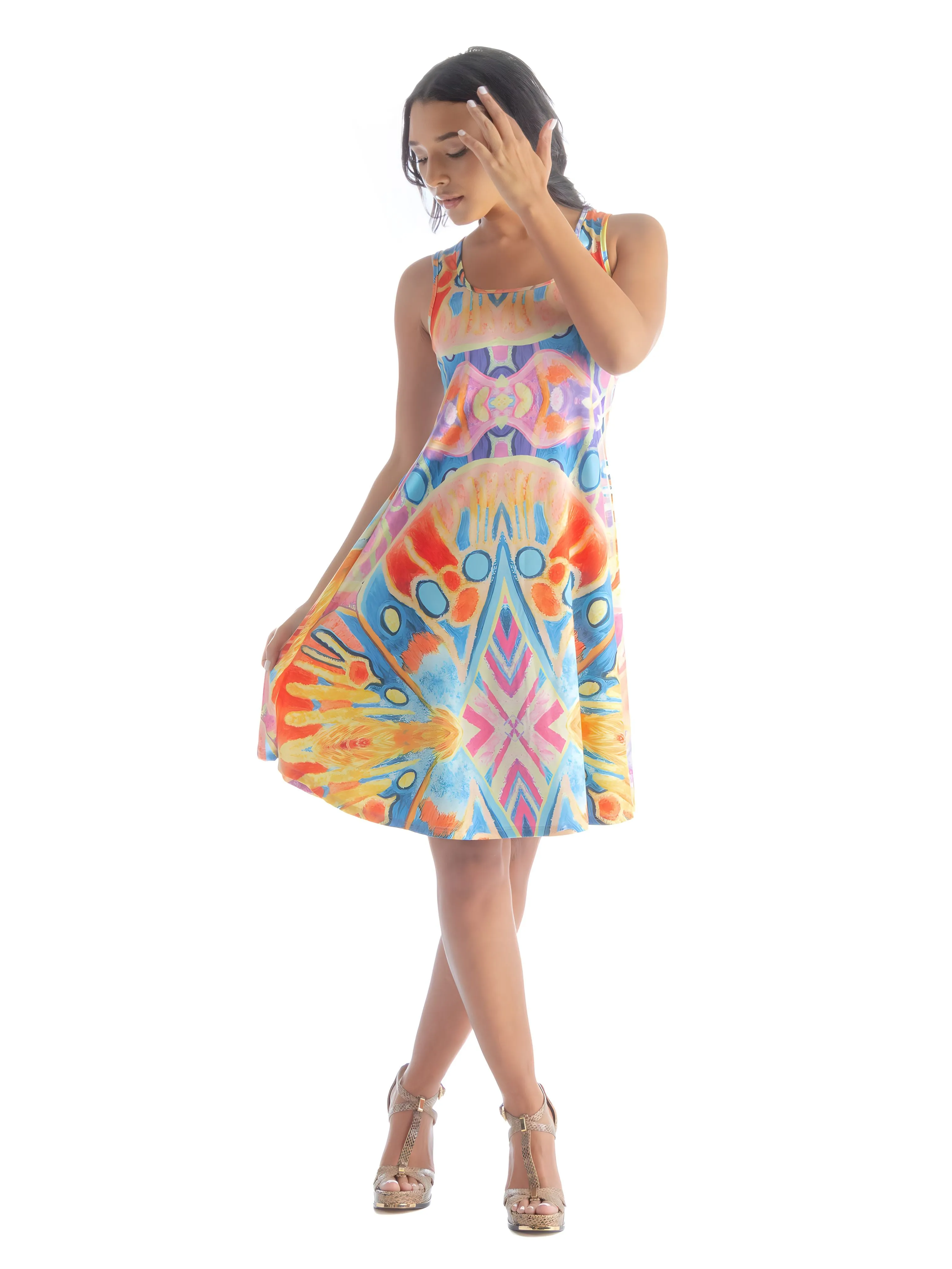 Multicolor Print Womens Sleeveless Knee Length Tank Swing Dress