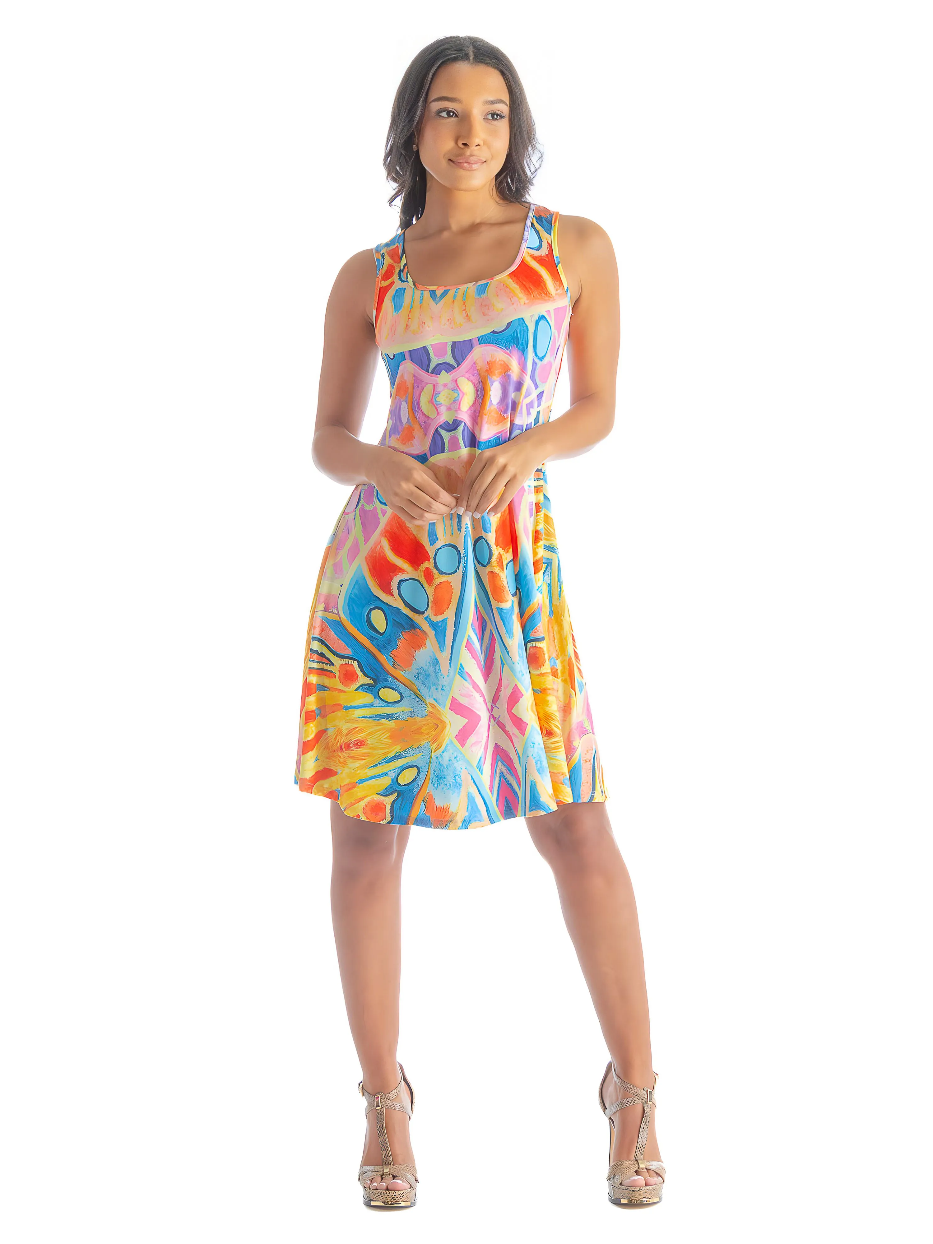 Multicolor Print Womens Sleeveless Knee Length Tank Swing Dress