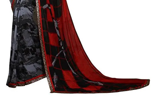 Oomph! Women's Georgette Sarees Party Wear/Fancy Georgette Sarees/Printed Georgette Sarees - Pewter Grey &amp; Scarlet