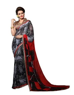 Oomph! Women's Georgette Sarees Party Wear/Fancy Georgette Sarees/Printed Georgette Sarees - Pewter Grey &amp; Scarlet