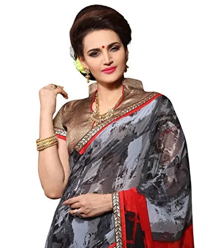 Oomph! Women's Georgette Sarees Party Wear/Fancy Georgette Sarees/Printed Georgette Sarees - Pewter Grey &amp; Scarlet