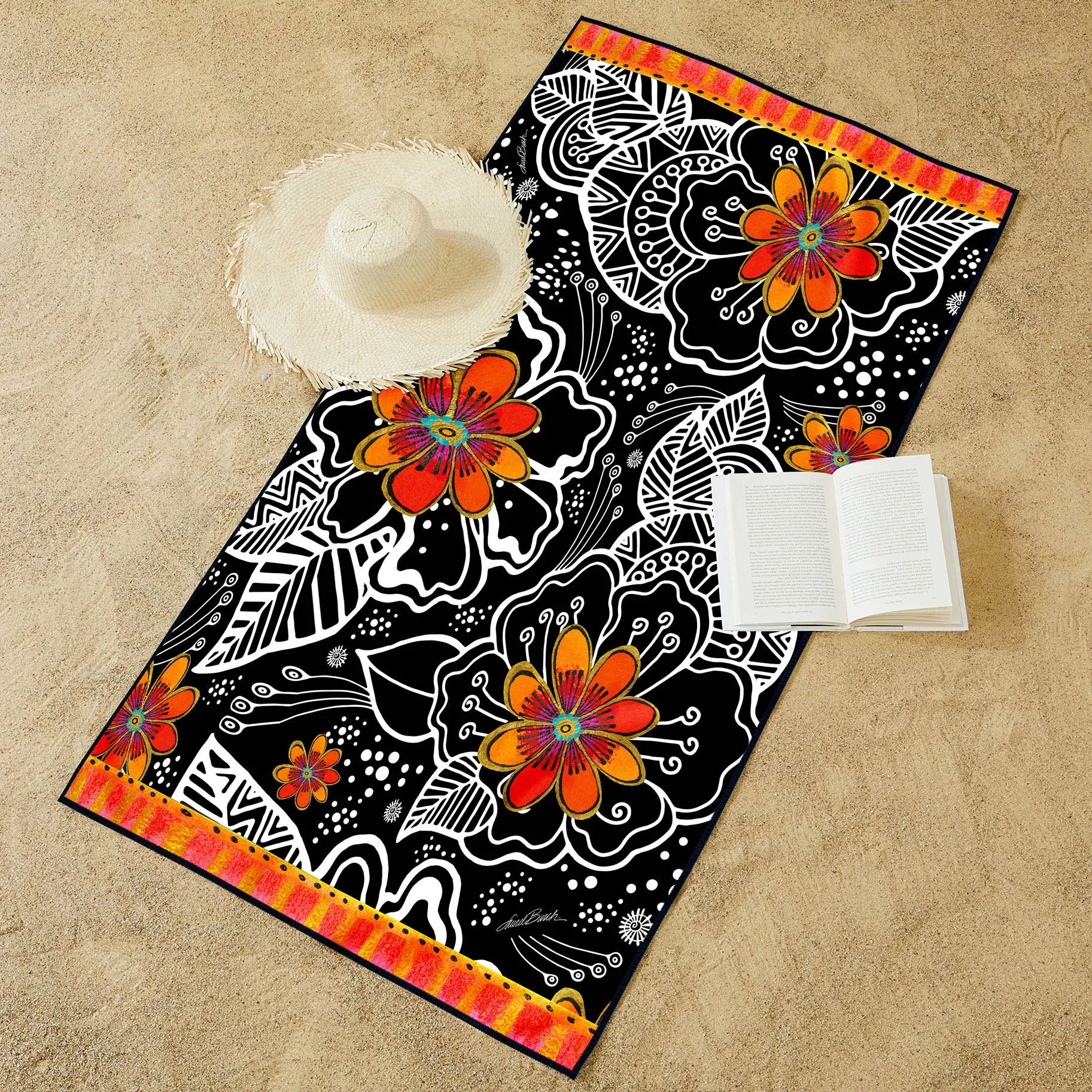 Oversized Beach Towel 40x63" - Microfiber, Quick-Dry, Laurel Burch Orange Blossoms
