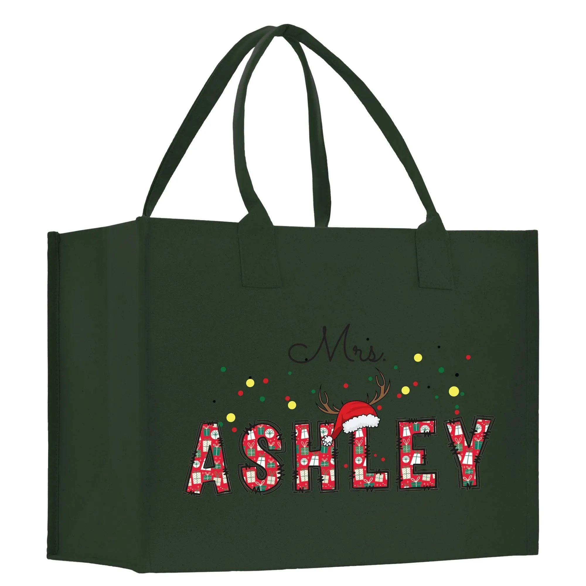 Personalized Christmas Mrs. Name Cotton Canvas Tote Bag Custom Xmas Name Holiday Gift Bag Custom Christmas Alphabet Tote Bag (CT1006)