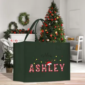 Personalized Christmas Mrs. Name Cotton Canvas Tote Bag Custom Xmas Name Holiday Gift Bag Custom Christmas Alphabet Tote Bag (CT1006)