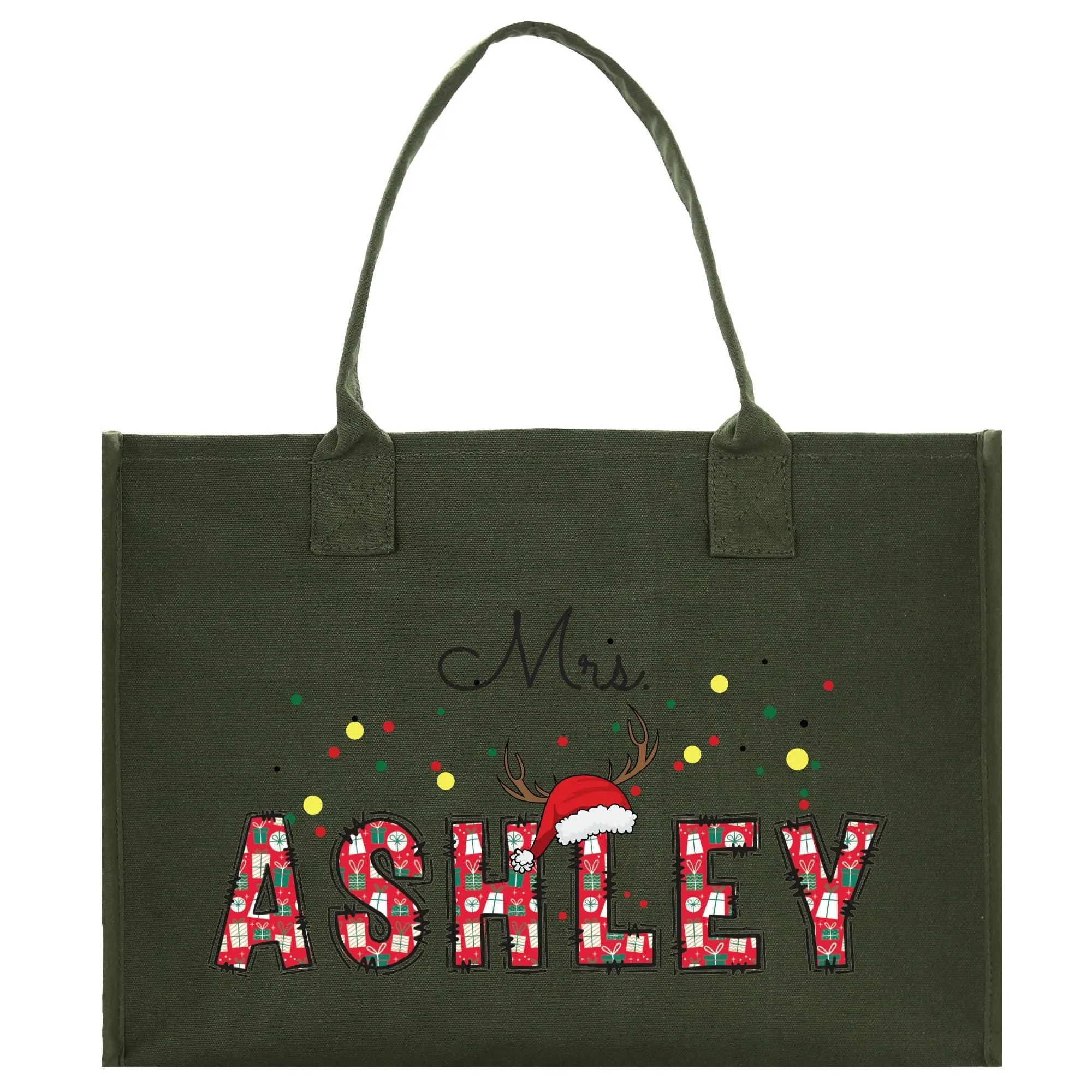 Personalized Christmas Mrs. Name Cotton Canvas Tote Bag Custom Xmas Name Holiday Gift Bag Custom Christmas Alphabet Tote Bag (CT1006)