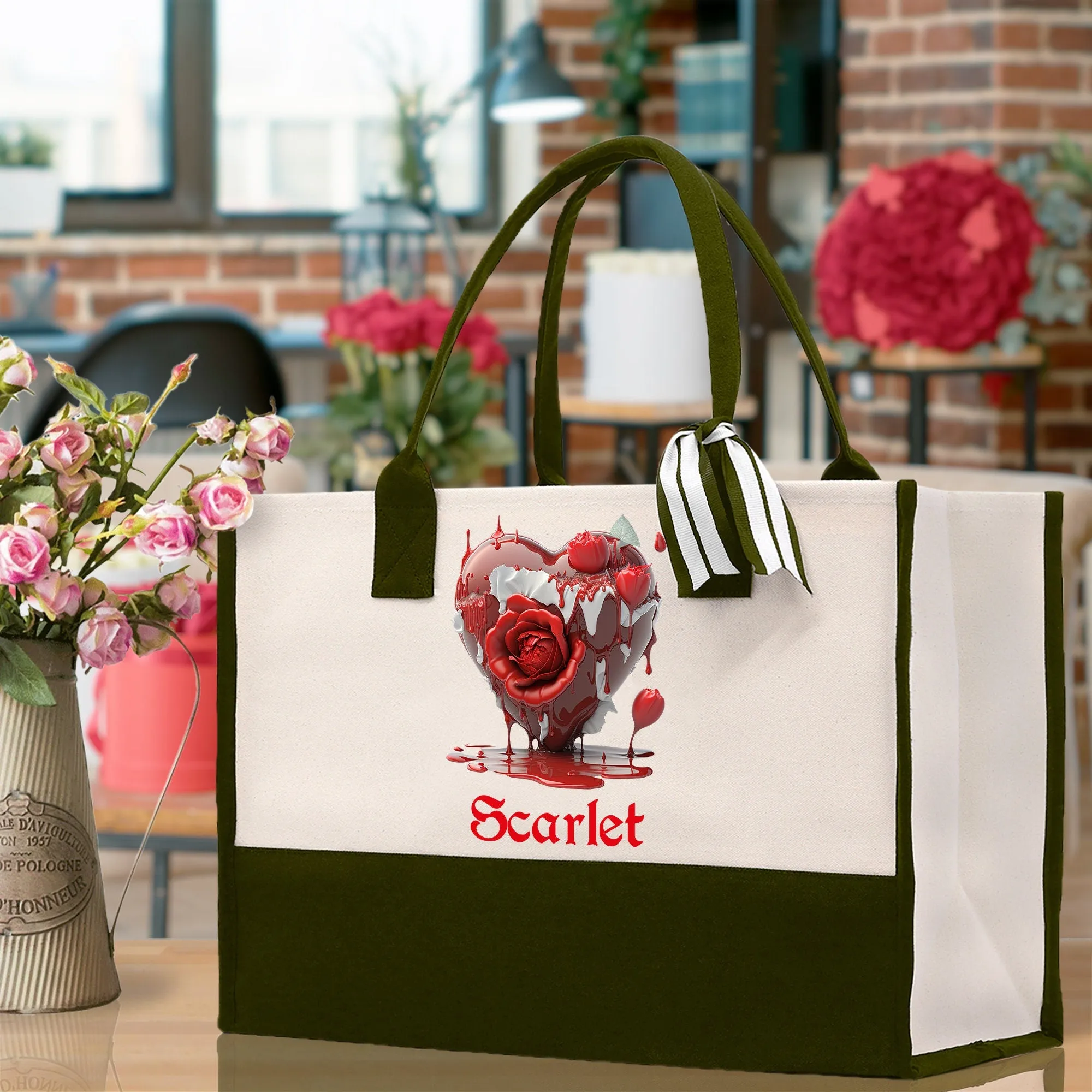 Personalized Heart Canvas Tote Bag Happy Valentines Day Gift Love Tote Bag Customize Lovers Gift Mother Day Gift Cute Valentines Gift