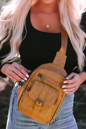 PREORDER! ETA 3/01 Khaki Faux Leather Multi Pocket Sling Bag  **SHIPPING EXPECTED TO BEGIN ON DATE 3/01**