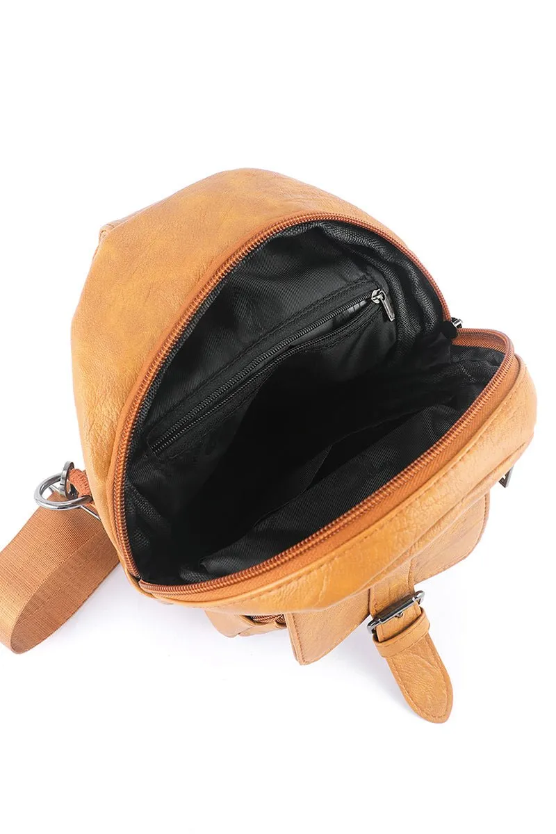 PREORDER! ETA 3/01 Khaki Faux Leather Multi Pocket Sling Bag  **SHIPPING EXPECTED TO BEGIN ON DATE 3/01**